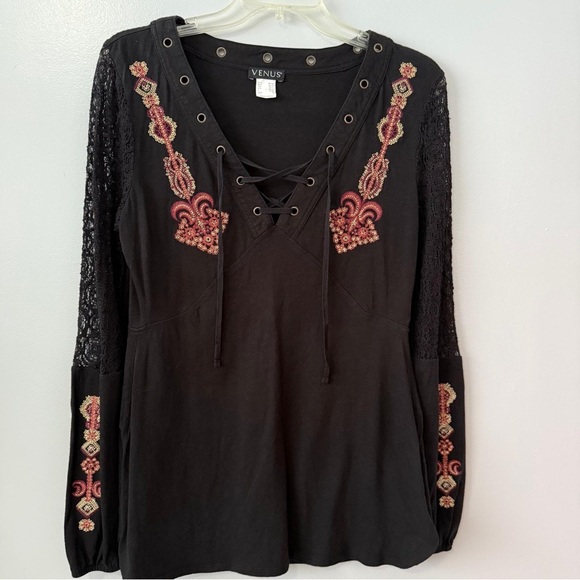 VENUS Black Top with Pink Embroidery and Lace-Up Detail - Picture 1 of 6